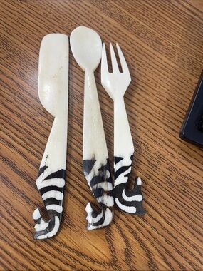 Handcrafted White and Black Zebra Bone Salad Fork, Spoon & Spreader Set